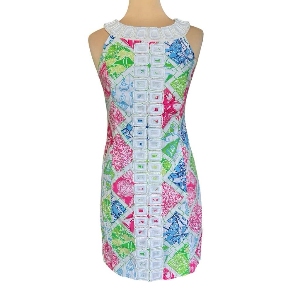Lilly Pulitzer Jubilee Dress 4 Shell Invitation Beaded Shift Kangaroo Pocket